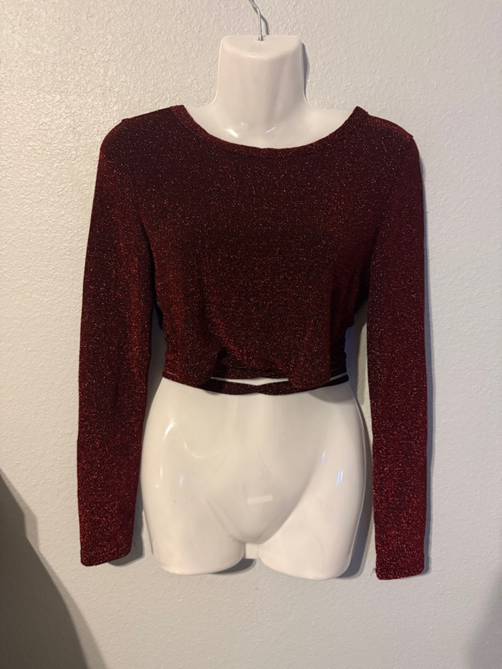 Haute Monde Shimmery Burgundy Long-Sleeve Crop Top